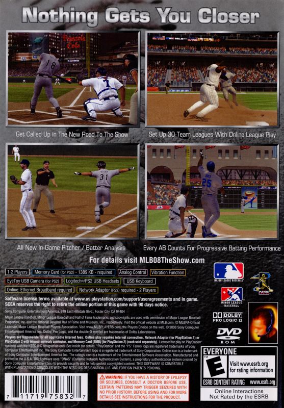 MLB 08: The Show | PlayStation 2 | back cover | region=North America | source-country=United States | zypher-v2 | moby-65f72fe4bb99 | Data by MobyGames.com