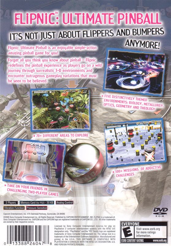 Flipnic: Ultimate Pinball | PlayStation 2 | back cover | Region: North America | source-country=United States | Data by MobyGames.com