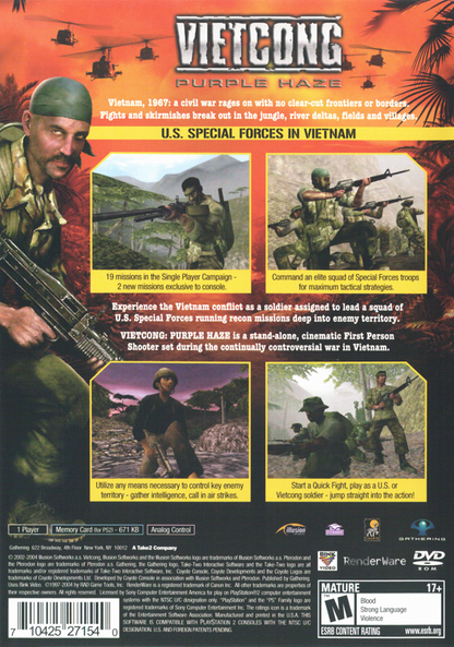 Vietcong: Purple Haze | PlayStation 2 | back cover | region=North America | source-country=United States | zypher-v2 | moby-4d97bd9241fd | Data by MobyGames.com