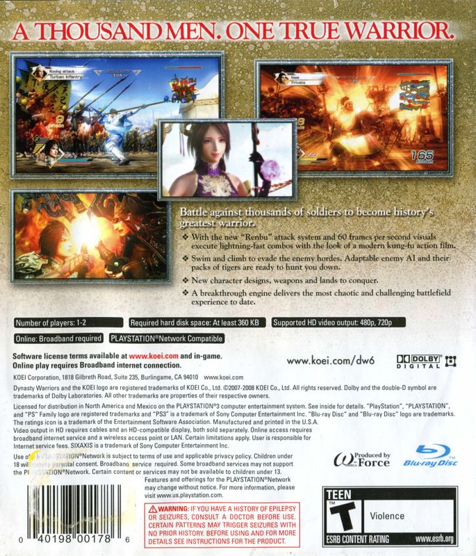 
Dynasty Warriors 6 | PlayStation 3 | back cover | Data by MobyGames.com