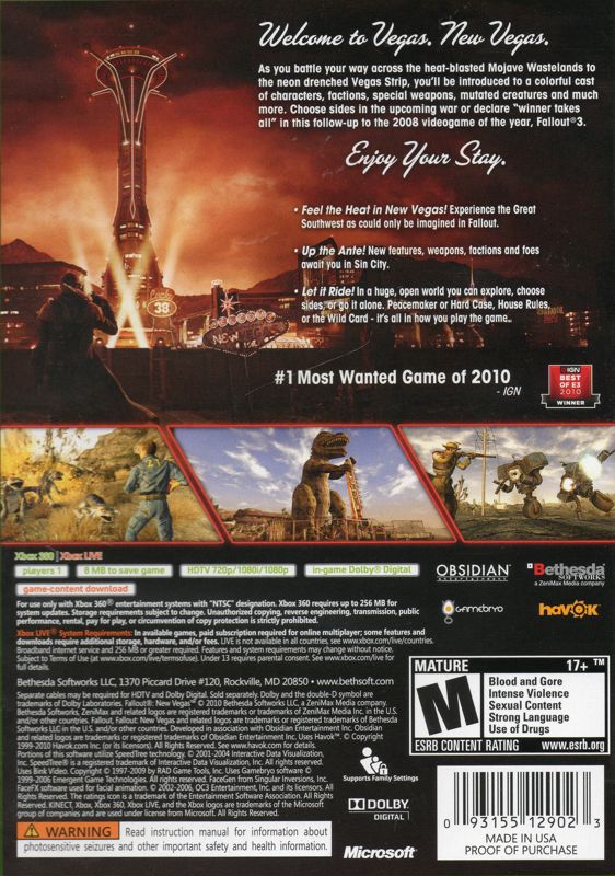 Fallout: New Vegas | Xbox 360 | back cover | Data by MobyGames.com