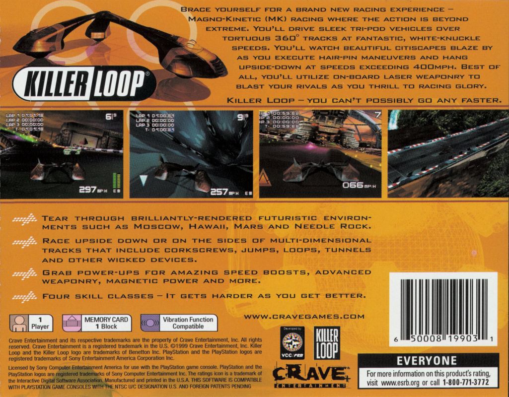 
Killer Loop | PlayStation | back cover | Region: North America | source-country=Canada,United States | Data by MobyGames.com