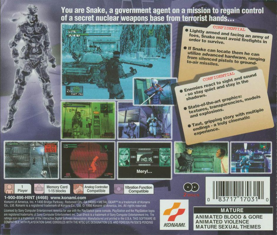 Metal Gear Solid | PlayStation | back cover | region=North America | source-country=United States | zypher-v2 | moby-e3f1227b4b42 | Data by MobyGames.com
