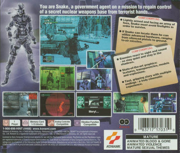 Metal Gear Solid | PlayStation | back cover | region=North America | source-country=United States | zypher-v2 | moby-e3f1227b4b42 | Data by MobyGames.com