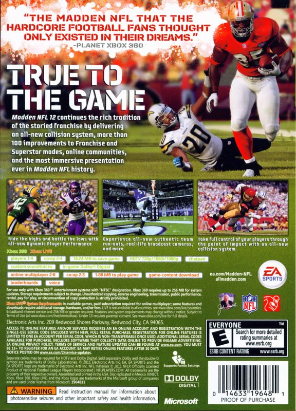 Madden NFL 12 | Xbox 360 | back cover | region=North America | source-country=Canada,United States | zypher-v2 | moby-d1c5b6b0d0de | Data by MobyGames.com