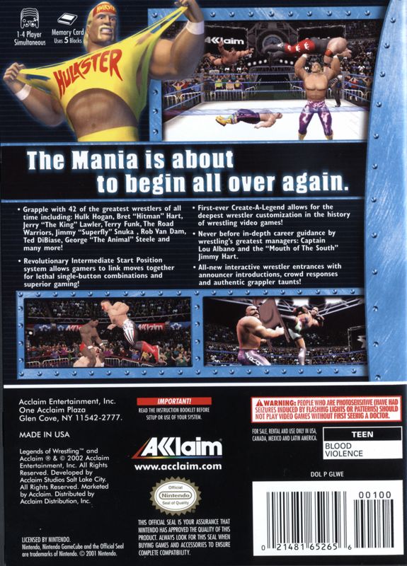 
Legends of Wrestling | GameCube | back cover | Data by MobyGames.com