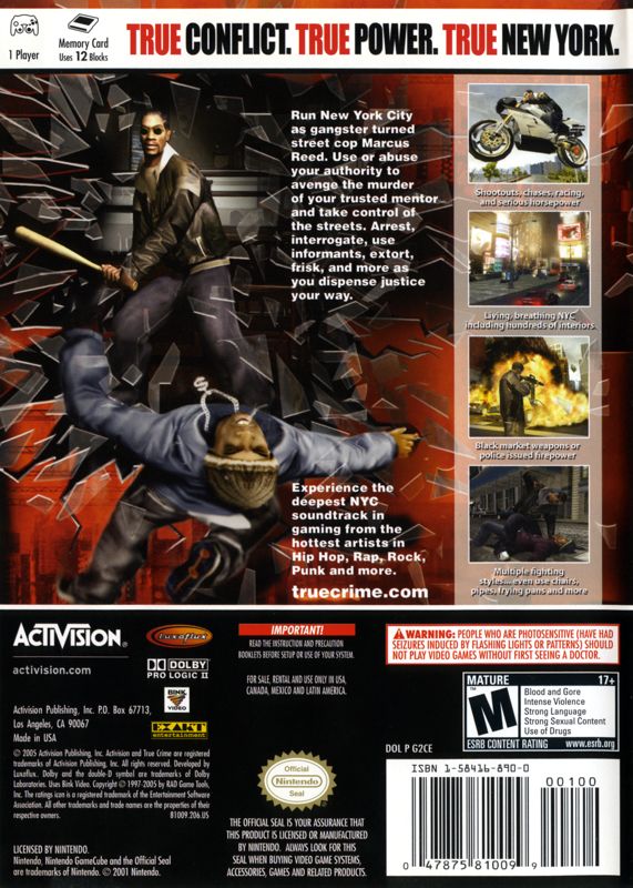 
True Crime: New York City | GameCube | back cover | Data by MobyGames.com
