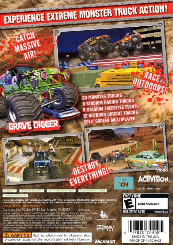 Monster Jam | Xbox 360 | back cover | Region: North America | source-country=United States | Data by MobyGames.com