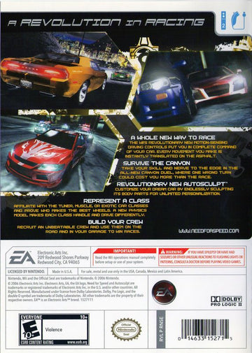 Need for Speed: Carbon | Wii | back cover | region=North America | source-country=United States | zypher-v2 | moby-faceb899b27f | Data by MobyGames.com