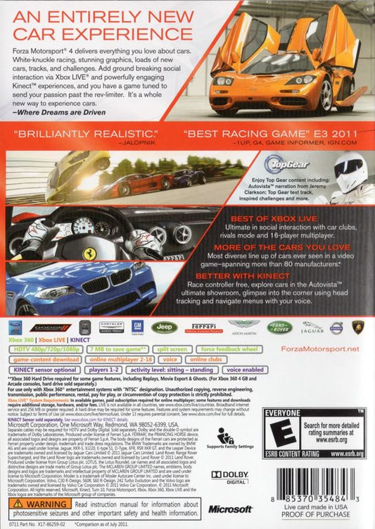 Forza Motorsport 4 | Xbox 360 | back cover | region=North America | source-country=United States | zypher-v2 | moby-4fa4f603d1f2 | Data by MobyGames.com