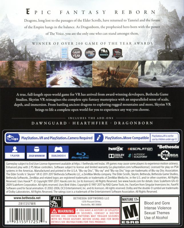 
The Elder Scrolls V: Skyrim VR | PlayStation 4 | back cover | Data by MobyGames.com