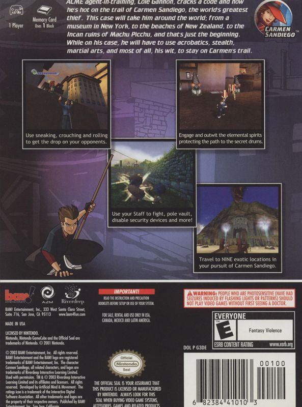 Carmen Sandiego: The Secret of the Stolen Drums | GameCube | back cover | Data by MobyGames.com