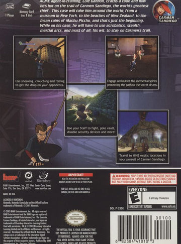 
Carmen Sandiego: The Secret of the Stolen Drums | GameCube | back cover | Data by MobyGames.com