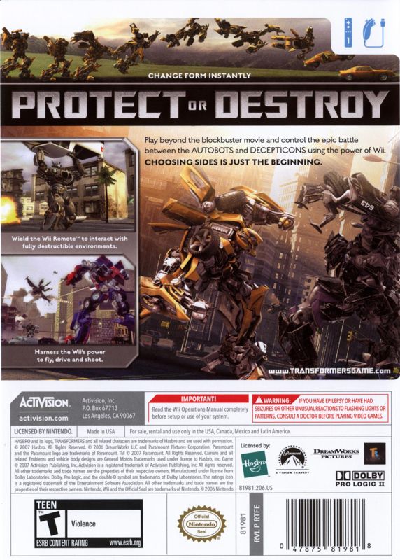 
Transformers: The Game | Wii | back cover | Data by MobyGames.com