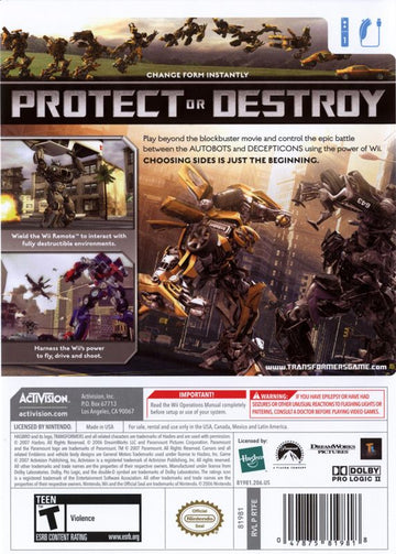 
Transformers: The Game | Wii | back cover | Data by MobyGames.com