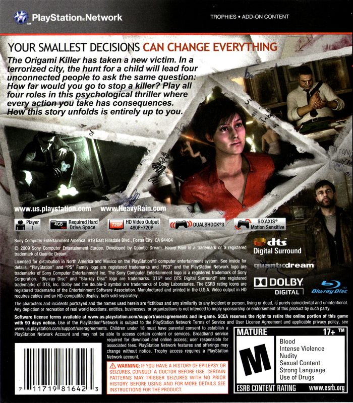 
Heavy Rain | PlayStation 3 | back cover | Region: North America | source-country=United States | Data by MobyGames.com