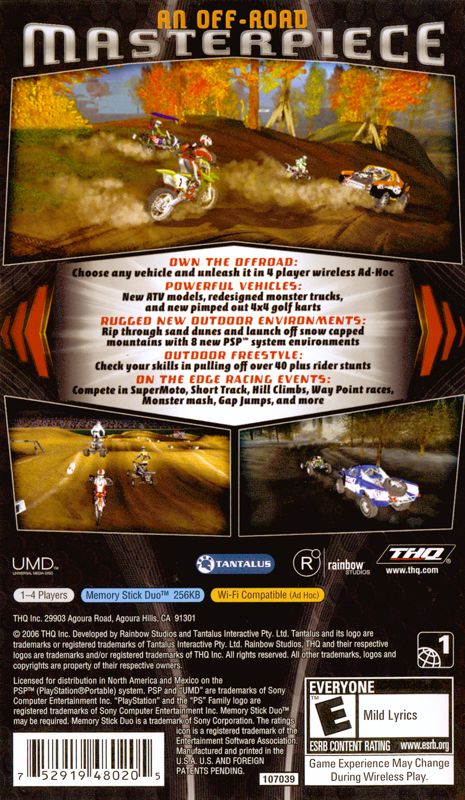 MX vs. ATV: On the Edge | PSP | back cover | region=North America | source-country=Mexico,United States | zypher-v2 | moby-10d149f19f00 | Data by MobyGames.com