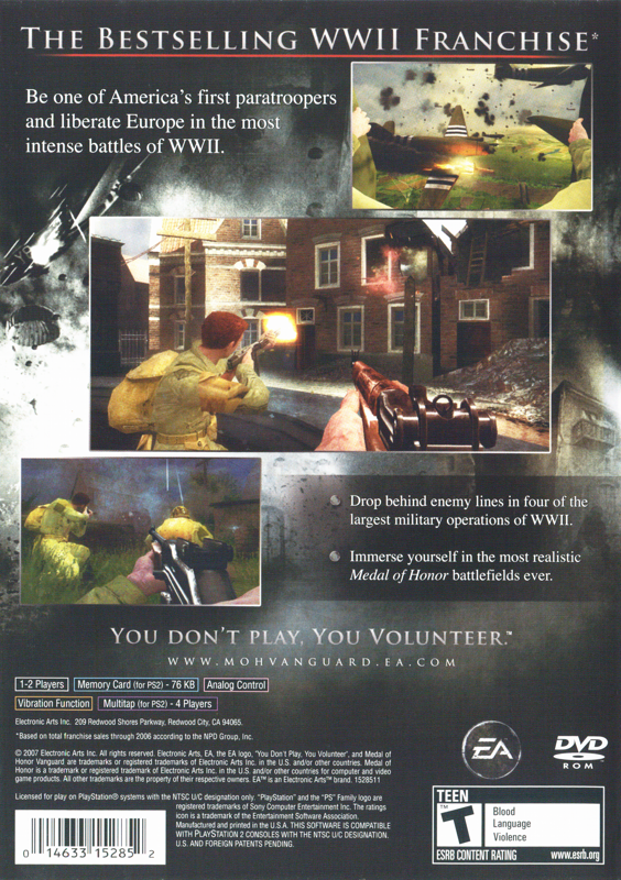 Medal of Honor: Vanguard | PlayStation 2 | back cover | region=North America | source-country=United States | zypher-v2 | moby-8851a891615a | Data by MobyGames.com