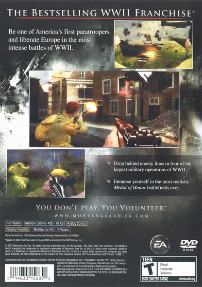 Medal of Honor: Vanguard | PlayStation 2 | back cover | region=North America | source-country=United States | zypher-v2 | moby-8851a891615a | Data by MobyGames.com