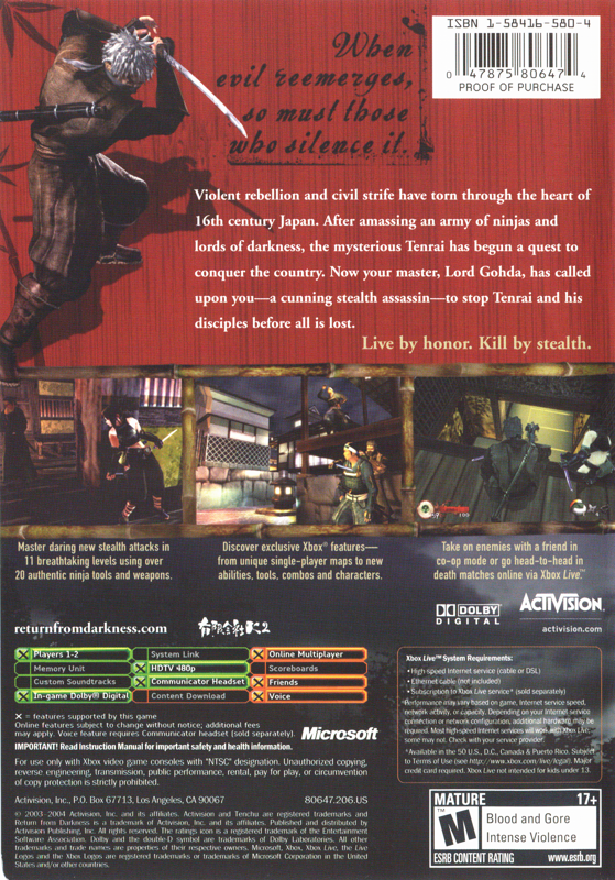
Tenchu: Return from Darkness | Xbox | back cover | Data by MobyGames.com