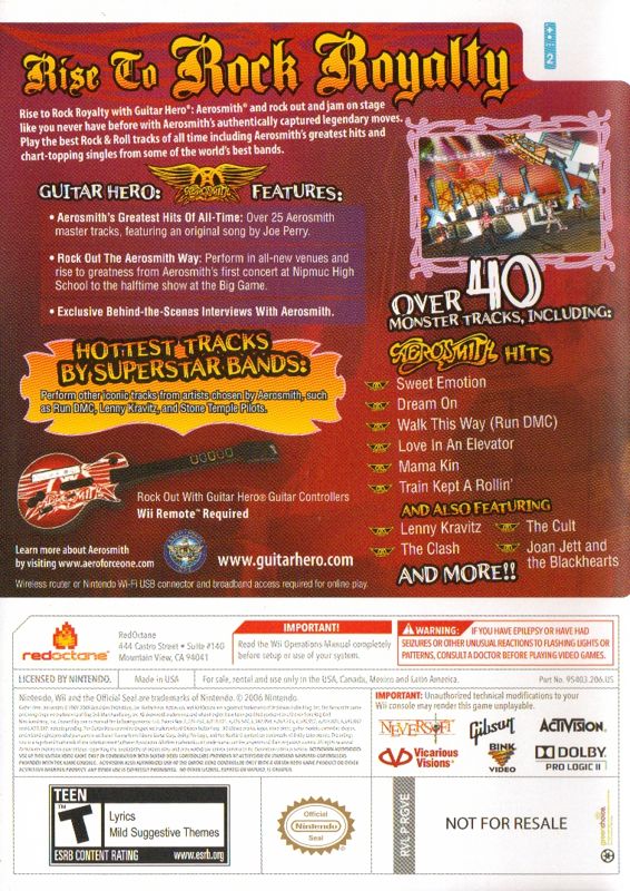 Guitar Hero: Aerosmith | Wii | back cover | region=North America | source-country=Canada,Mexico,United States | zypher-v2 | moby-cbb782162a1e | Data by MobyGames.com