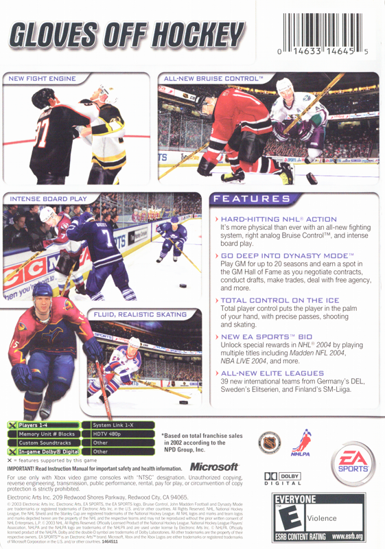 
NHL 2004 | Xbox | back cover | Data by MobyGames.com