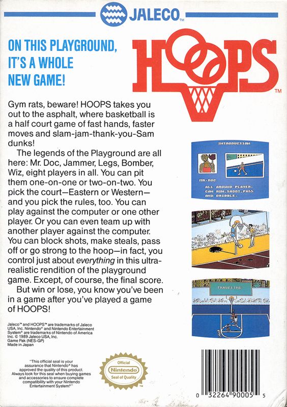 
Hoops | NES | back cover | Data by MobyGames.com