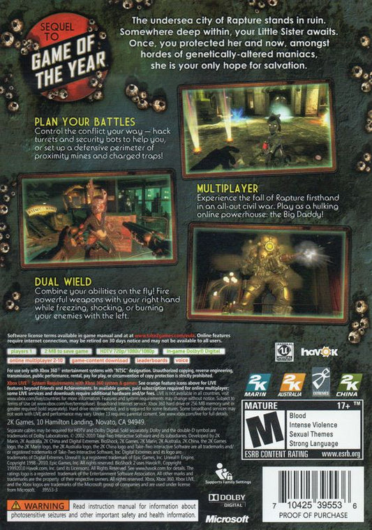 BioShock 2 | Xbox 360 | back cover | region=North America | source-country=United States | zypher-v2 | moby-d288fef67f54 | Data by MobyGames.com