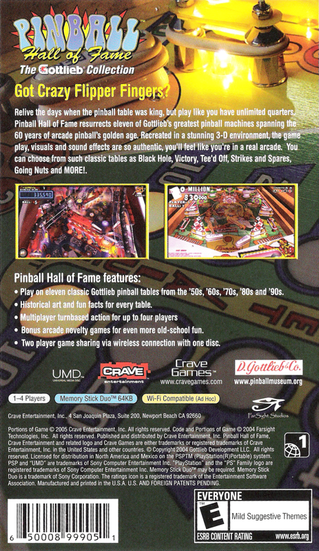 Pinball Hall of Fame: The Gottlieb Collection | PSP | back cover | region=North America | source-country=United States | zypher-v2 | moby-06950c6a9810 | Data by MobyGames.com
