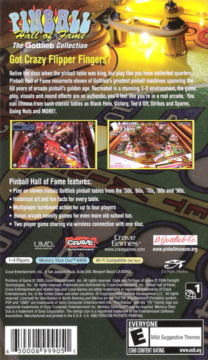 Pinball Hall of Fame: The Gottlieb Collection | PSP | back cover | region=North America | source-country=United States | zypher-v2 | moby-06950c6a9810 | Data by MobyGames.com
