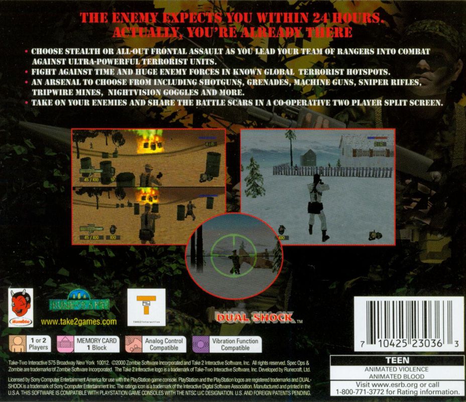 Spec Ops: Stealth Patrol | PlayStation | back cover | region=North America | source-country=Canada,United States | zypher-v2 | moby-d83f66b104a6 | Data by MobyGames.com