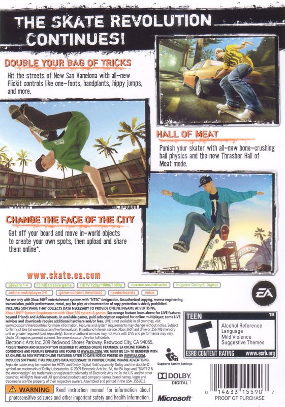 skate 2 | Xbox 360 | back cover | region=North America | source-country=United States | zypher-v2 | moby-e342a6a698a0 | Data by MobyGames.com