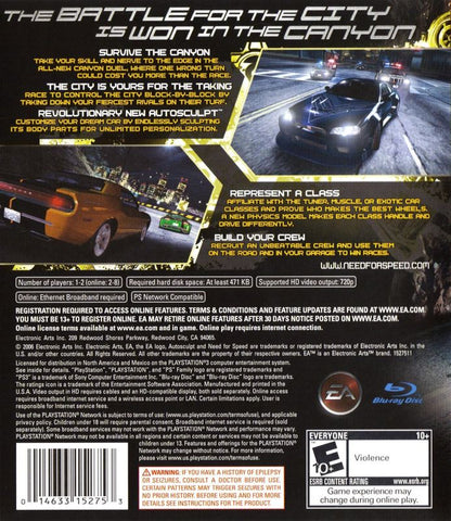 Need for Speed: Carbon | PlayStation 3 | back cover | region=North America | source-country=United States | zypher-v2 | moby-5c1eca4f9d31 | Data by MobyGames.com
