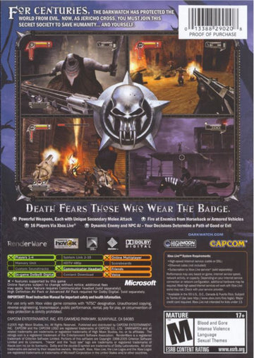 
Darkwatch | Xbox | back cover | Data by MobyGames.com