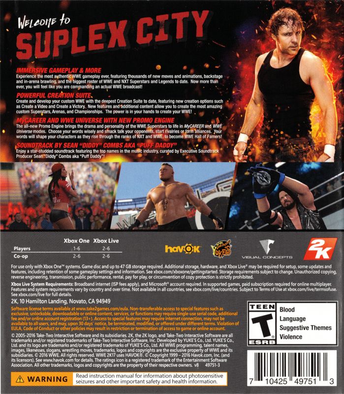 WWE 2K17 | Xbox One | back cover | region=North America | source-country=United States | zypher-v2 | moby-a4e0c03c8a7a | Data by MobyGames.com