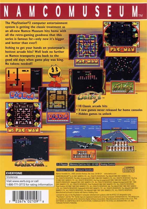 Namco Museum | PlayStation 2 | back cover | region=North America | source-country=United States | zypher-v2 | moby-4ccd6a5c26ef | Data by MobyGames.com