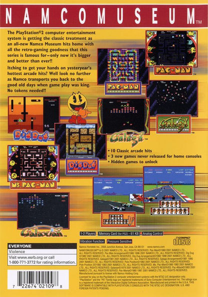 Namco Museum | PlayStation 2 | back cover | region=North America | source-country=United States | zypher-v2 | moby-4ccd6a5c26ef | Data by MobyGames.com
