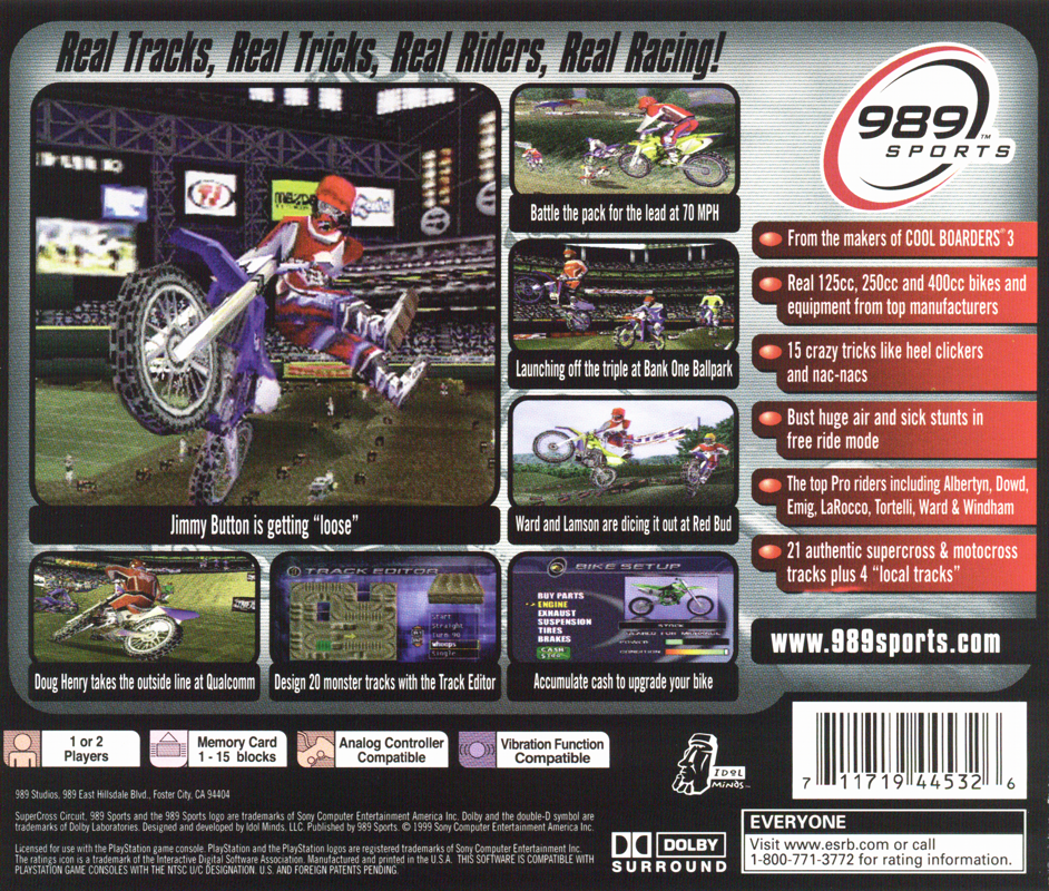 Supercross Circuit | PlayStation | back cover | Region: North America | source-country=United States | Data by MobyGames.com