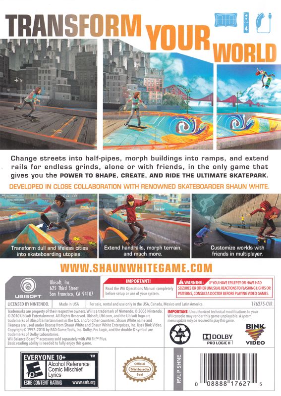 Shaun White Skateboarding | Wii | back cover | region=North America | source-country=United States | zypher-v2 | moby-6082ecde04ad | Data by MobyGames.com