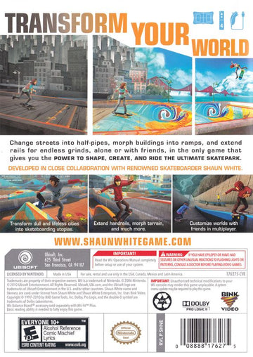 Shaun White Skateboarding | Wii | back cover | region=North America | source-country=United States | zypher-v2 | moby-6082ecde04ad | Data by MobyGames.com