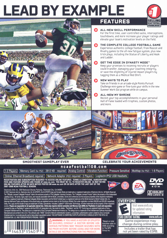 NCAA Football 08 | PlayStation 2 | back cover | region=North America | source-country=United States | zypher-v2 | moby-b41ef8c97dc9 | Data by MobyGames.com