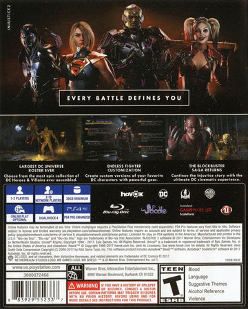 Injustice 2 | PlayStation 4 | back cover | region=North America | source-country=United States | zypher-v2 | moby-6f4c70cf1eb2 | Data by MobyGames.com