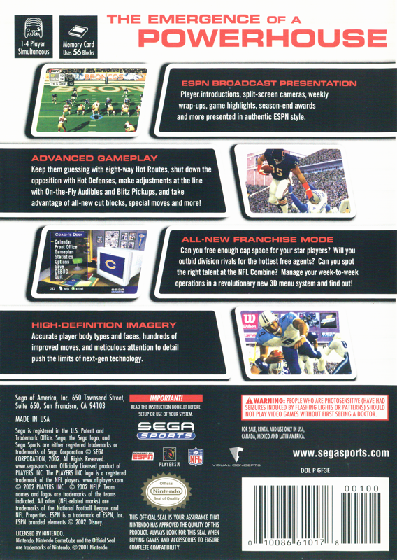 NFL 2K3 | GameCube | back cover | region=North America | source-country=United States | zypher-v2 | moby-697a383697d2 | Data by MobyGames.com