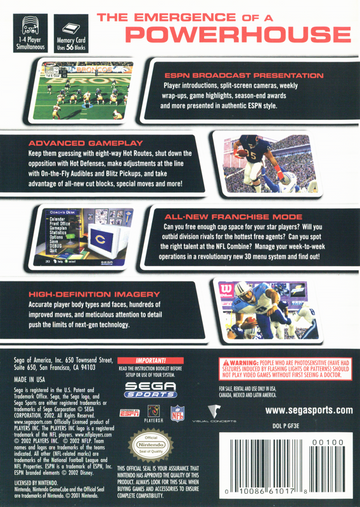 NFL 2K3 | GameCube | back cover | region=North America | source-country=United States | zypher-v2 | moby-697a383697d2 | Data by MobyGames.com