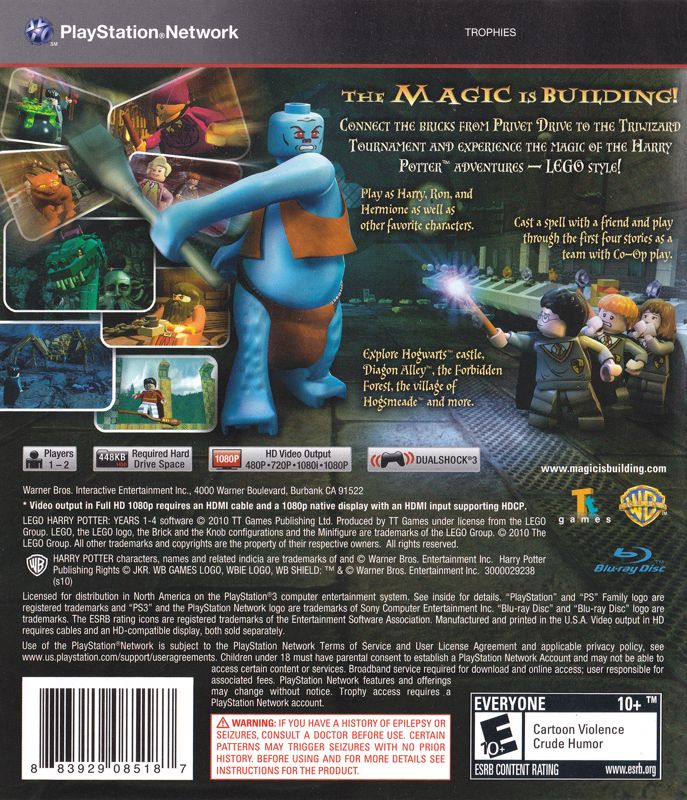 LEGO Harry Potter: Years 1-4 | PlayStation 3 | back cover | region=North America | source-country=United States | zypher-v2 | moby-06cd00533d4b | Data by MobyGames.com