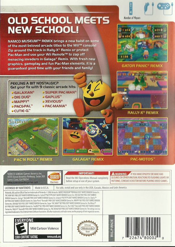 Namco Museum Remix | Wii | back cover | region=North America | source-country=United States | zypher-v2 | moby-a2516ac0bbf8 | Data by MobyGames.com