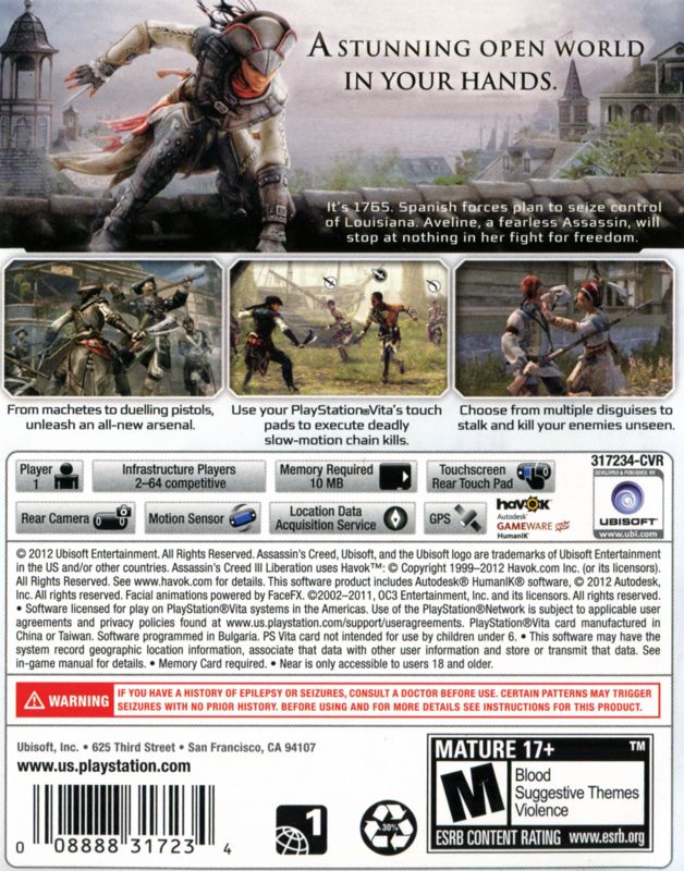 Assassin's Creed III: Liberation | PS Vita | back cover | region=North America | source-country=United States | zypher-v2 | moby-f9a87bc85ce3 | Data by MobyGames.com