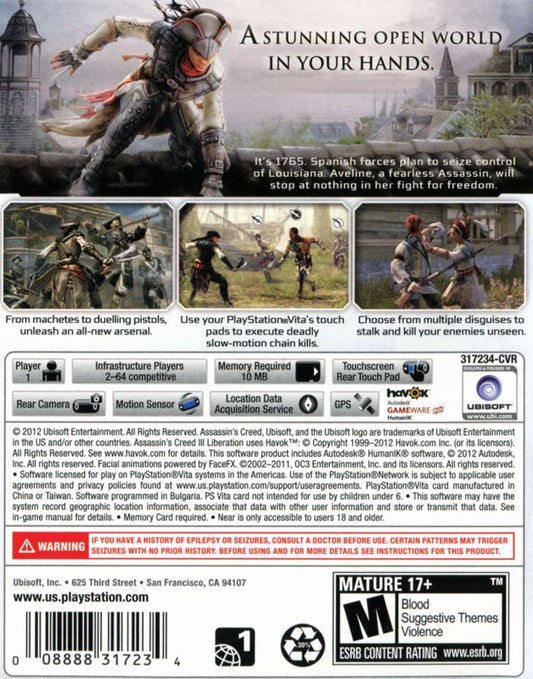 Assassin's Creed III: Liberation | PS Vita | back cover | region=North America | source-country=United States | zypher-v2 | moby-f9a87bc85ce3 | Data by MobyGames.com