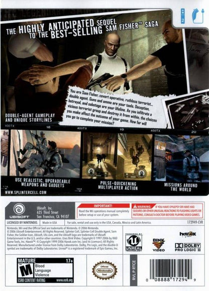 Tom Clancy's Splinter Cell: Double Agent | Wii | back cover | region=North America | source-country=United States | zypher-v2 | moby-6e47801e95aa | Data by MobyGames.com