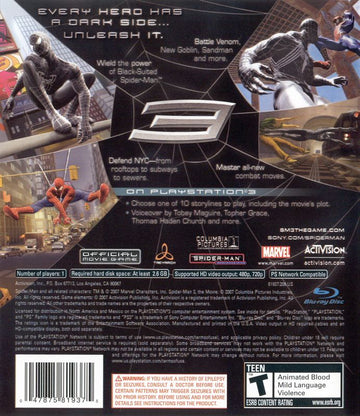 Spider-Man 3 | PlayStation 3 | back cover | region=North America | source-country=Canada,Mexico,United States | zypher-v2 | moby-033c83a0cd24 | Data by MobyGames.com